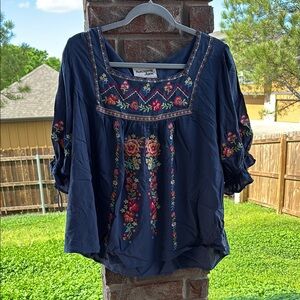Savannah Jane Navy Floral Embroidered Women's Top